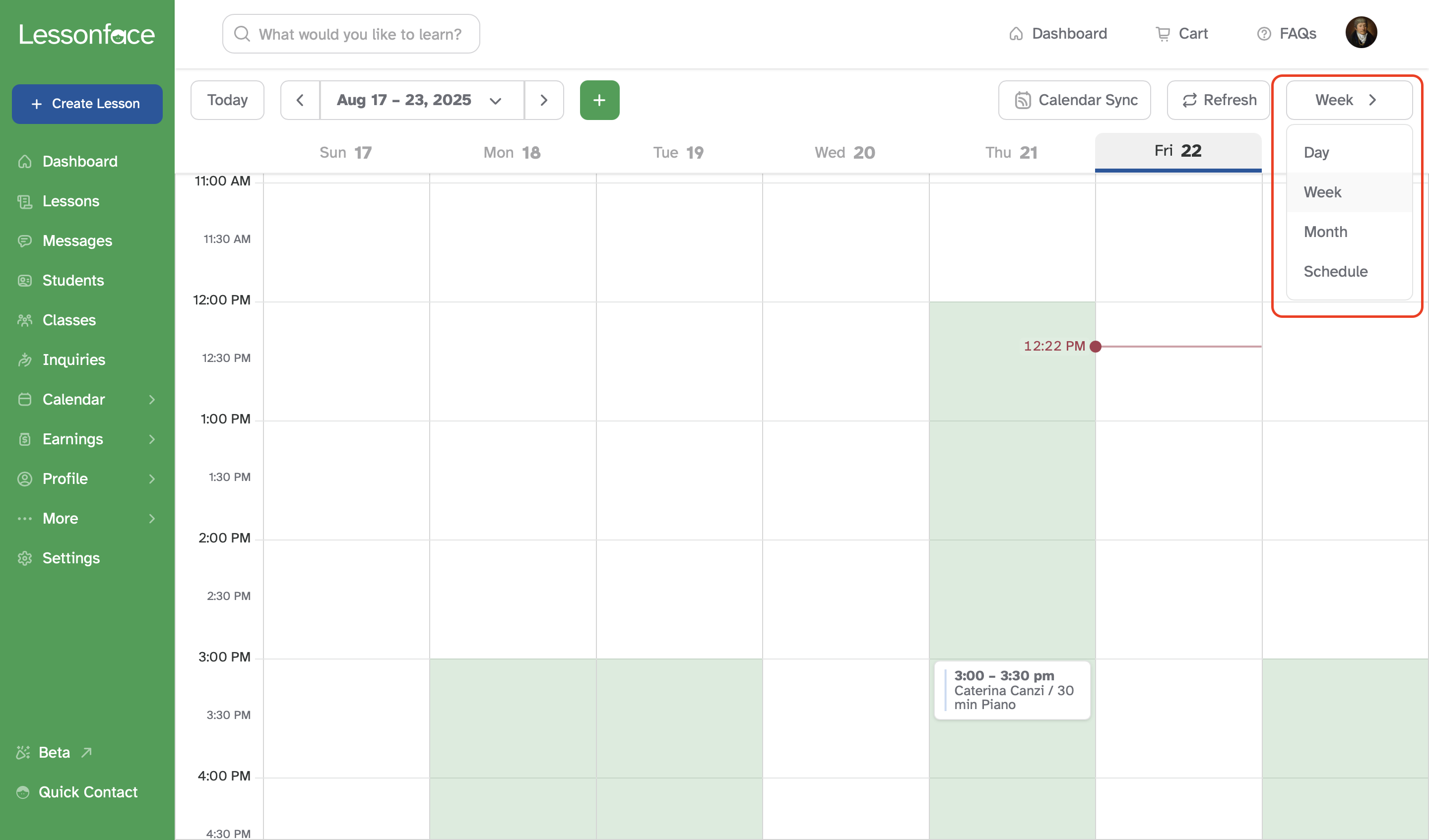 Select the calendar view as daily, weekly, monthly, or schedule mode