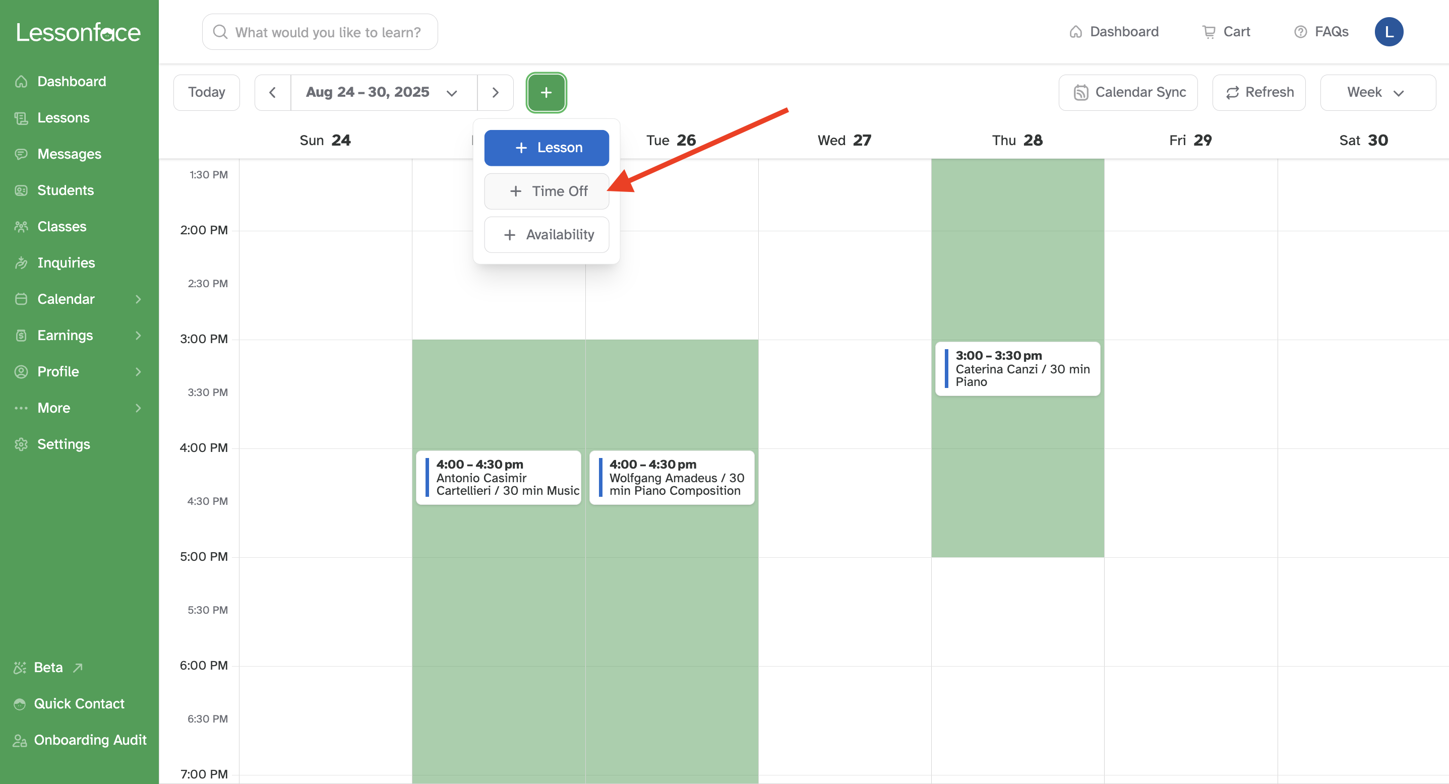 Click the green plus sign to add time off