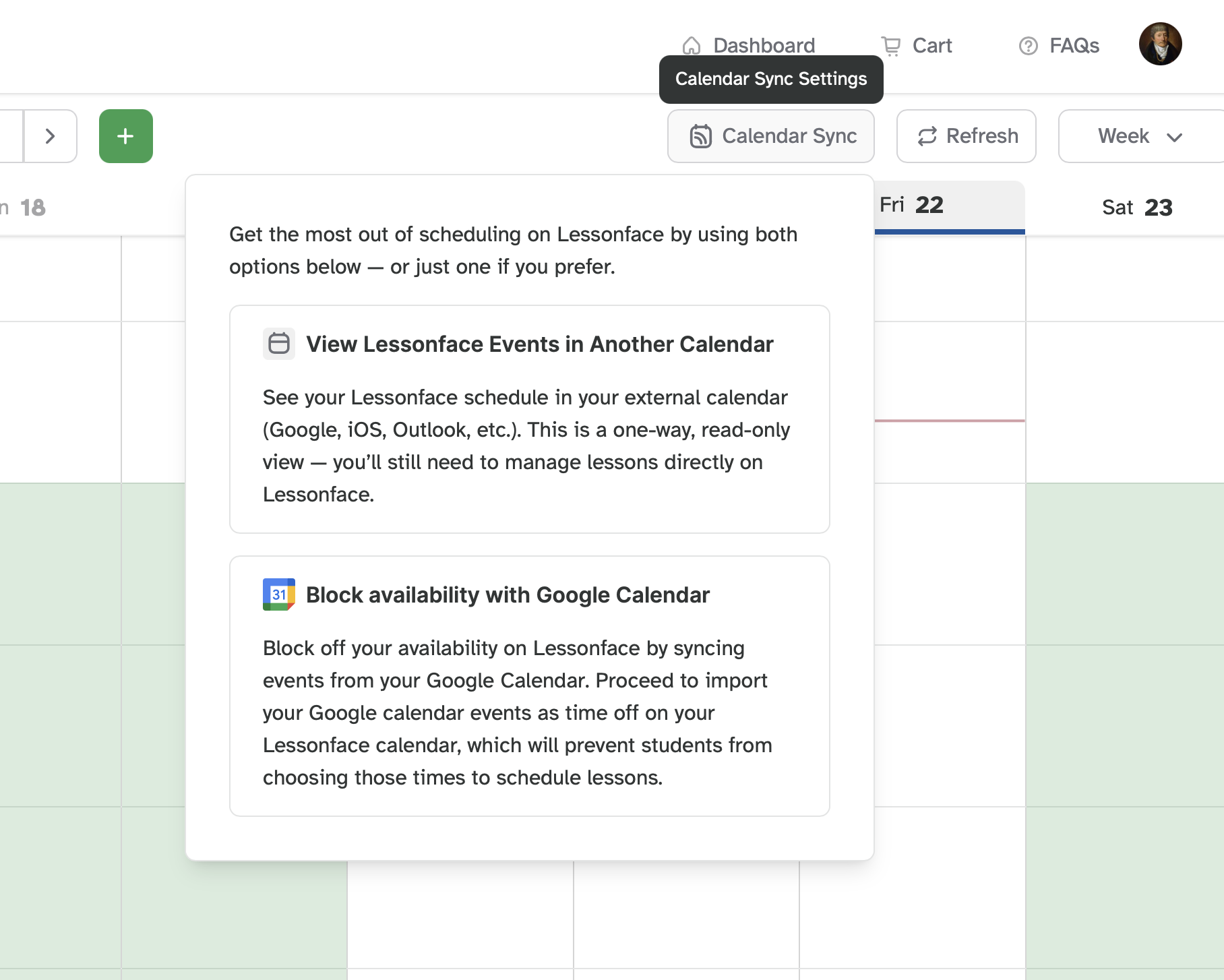 Sync your Lessonface calendar with your external calendar