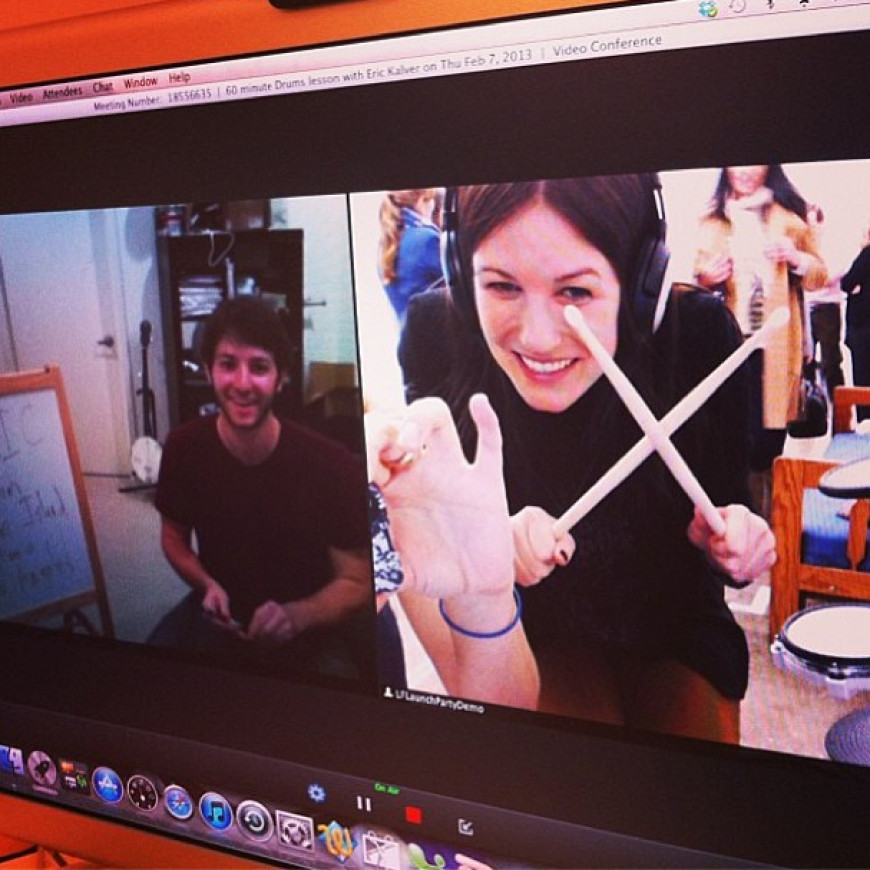 Eric Kalver gave Neely Moore her first drum lesson at the LessonFace Launch Party