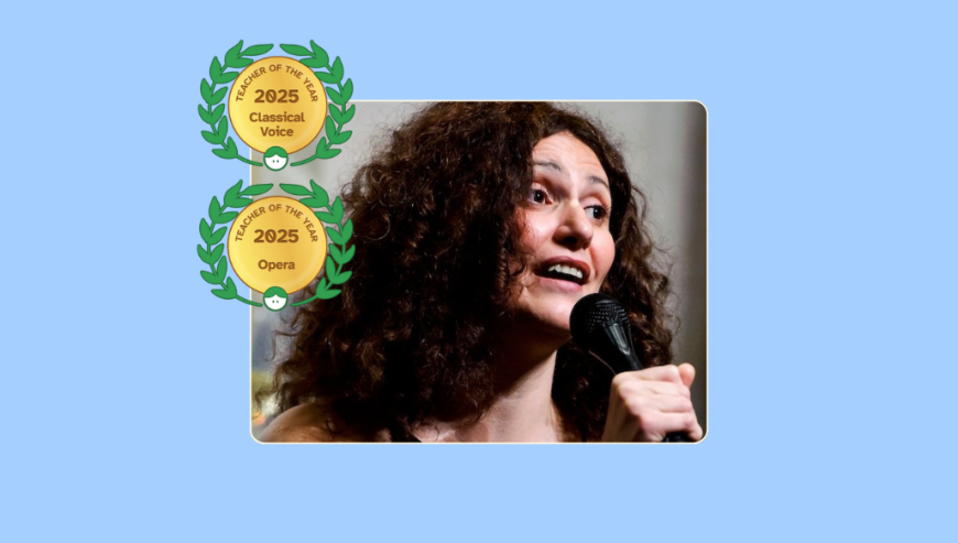 Image of Denise Bayraktar singing into a microphone with her Lessonface Teacher of the Year badges for Classical Voice and Opera