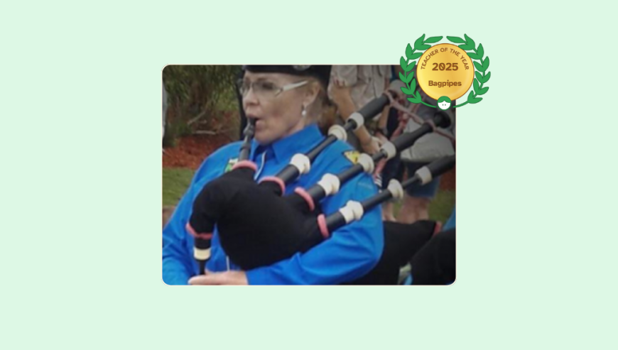 Image of Toni Cline playing the bagpipes with her Lessonface Teacher of the Year Bagpipes badge