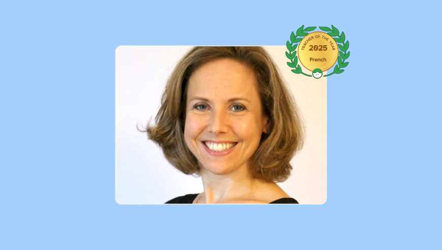 Image of Evelyne K. with her Lessonface Teacher of the Year for French