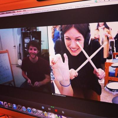 Eric Kalver gave Neely Moore her first drum lesson at the LessonFace Launch Party