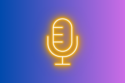 Image of a blue and purple gradient with a yellow neon microphone symbol