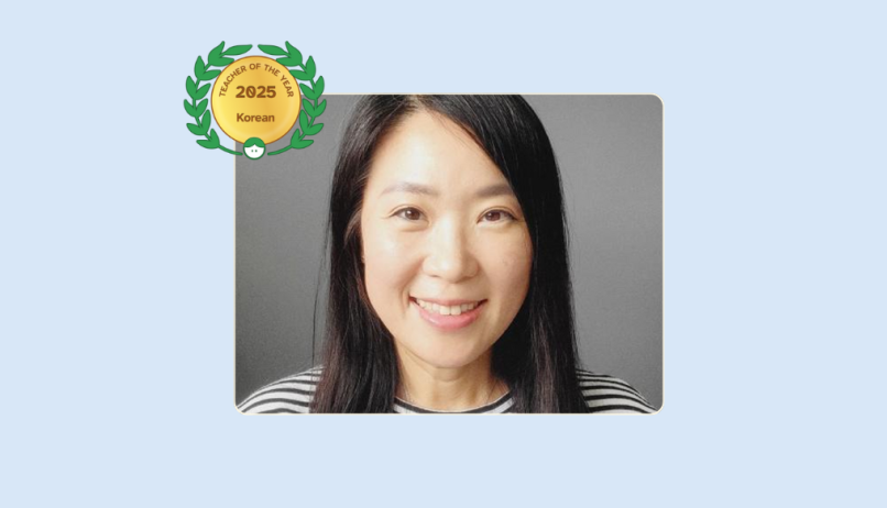 Image of Chiwon Chon with her 2025 Teacher of the Year for Korean badge