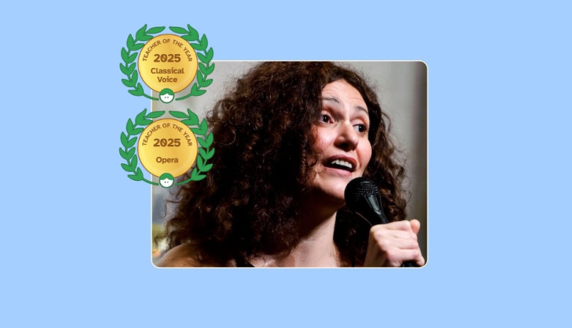 Image of Denise Bayraktar singing into a microphone with her Lessonface Teacher of the Year badges for Classical Voice and Opera