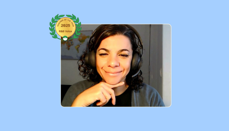 Image of Julieta Pizarro in her music studio with the Lessonface Teacher of the Year for R&B Voice badge