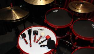 Drum set with different kinds of drum heads.