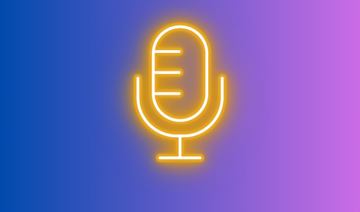 Image of a blue and purple gradient with a yellow neon microphone symbol